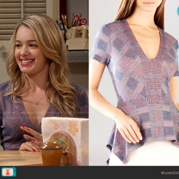 BCBGMaxazria Maebelle Peplum Jacquard Top Womens Medium V-Neck Asymmetrical - Picture 1 of 9